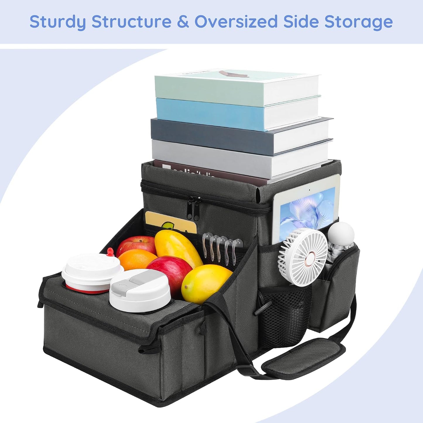 Car Front/Back Seat Organizer with Cup Holder, Movable Divider & Side Pockets, Insulated Compartment for Hot/Cold; Holds Bottles Firmly in Place, Non-slip, Easy-clean, Foldable with Strap