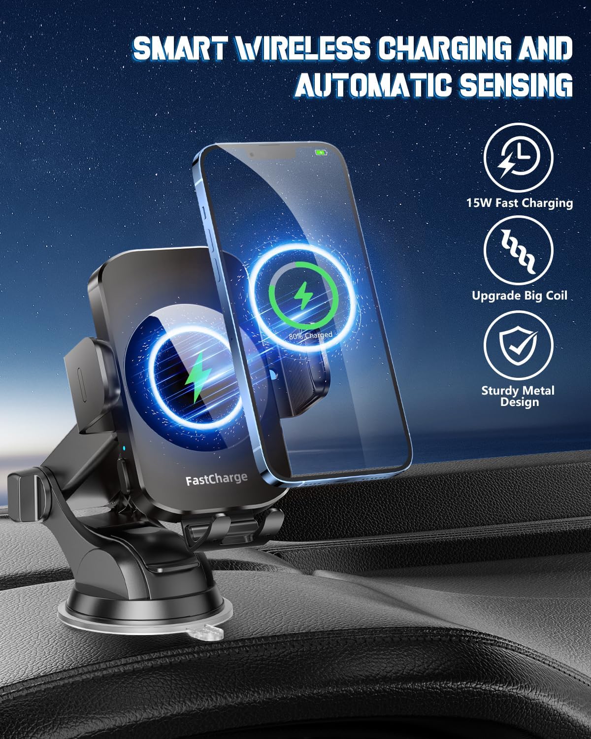 BothLin 3-in-1 Wireless Car Charger Mount, 15W Fast Charging Auto-Clamping Phone Holder for iPhone 17 16 15 14, Samsung Galaxy S24 S23, Dashboard, Vent & Windshield Car Mount