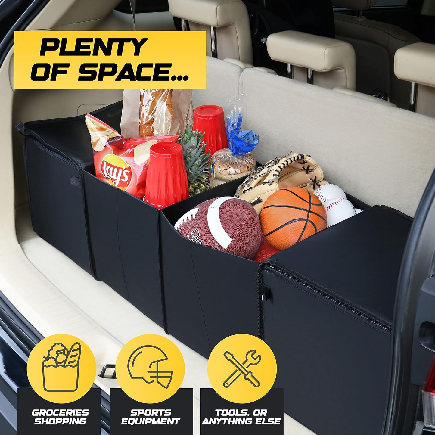 lebogner Auto Trunk Organizer With Insulated Cooler Compartments X-Large Vacation Trunk Cooler Box For Hot Or Cold Food While Traveling, Multipurpose Collapsible Car Accessories Storage Organizer