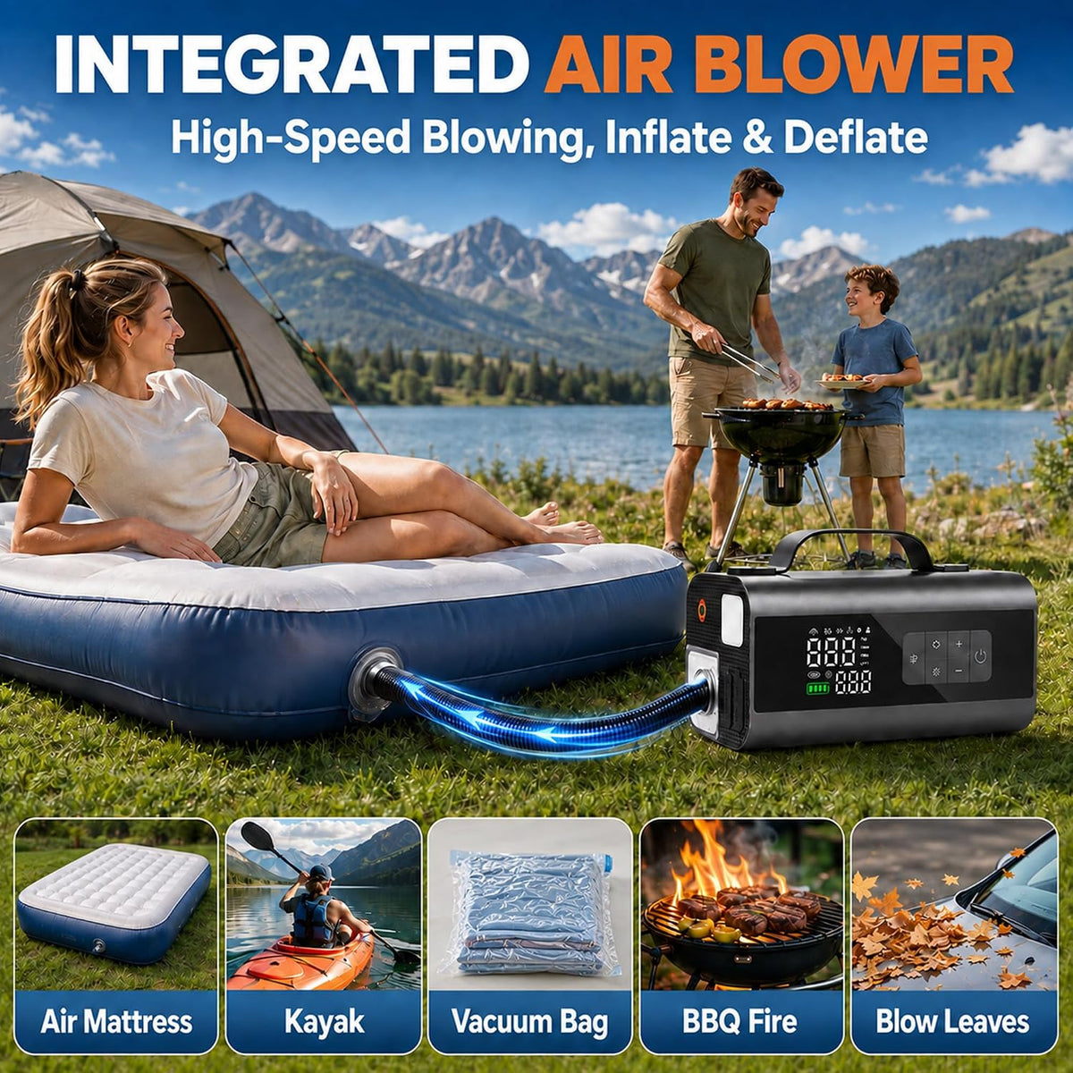 9000A Portable Car Battery Jump Starter with Air Compressor, 160PSI Tire Inflator, 6500Pa Car Vacuum & Air Blower, LED Light & Power Bank, Roadside Emergency for Family Travel, SUV, Truck
