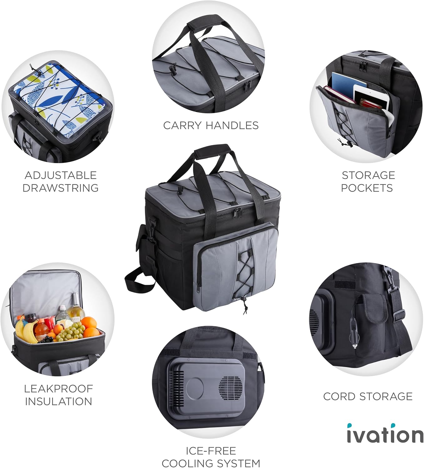 Ivation Portable Electric Cooler Bag | 18L Soft Sided Thermoelectric Travel Cooler with Shoulder Strap, Storage Pocket & DC 12V Plug in for Car, Truck & RV Camping