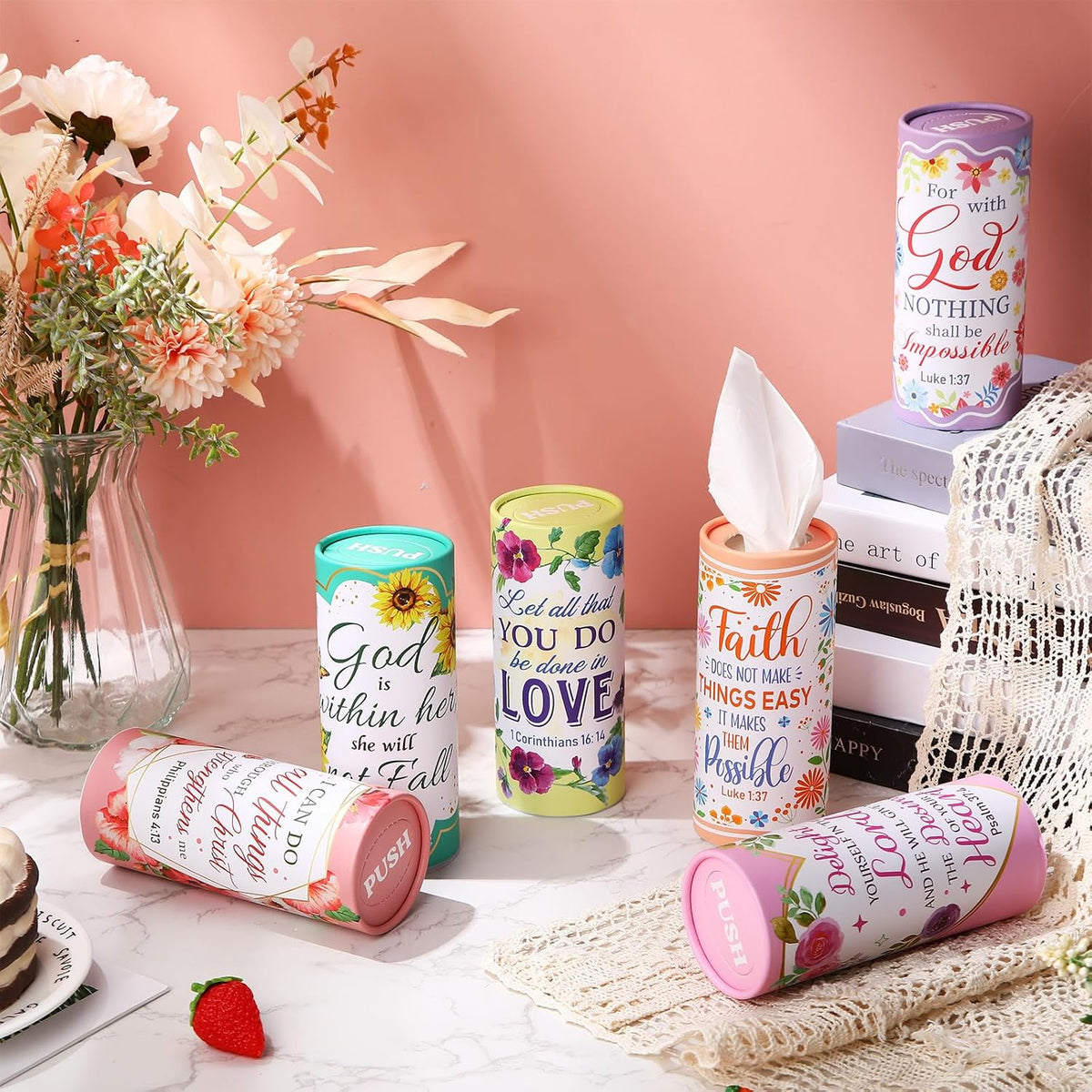 Outus 12 Pack Cylinder Car Tissue Holder, Floral Bible Verse