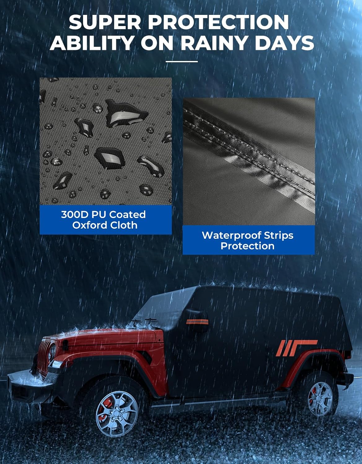 JOYTUTUS Cab Cover Compatible with Wrangler JK JL 4 Doors 2007-2026 | UPF 50+ Oxford, Zipper Access to Driver Door & Tailgate, Windproof Straps with Hooks, Reflective Stripe, Storage Bag Included