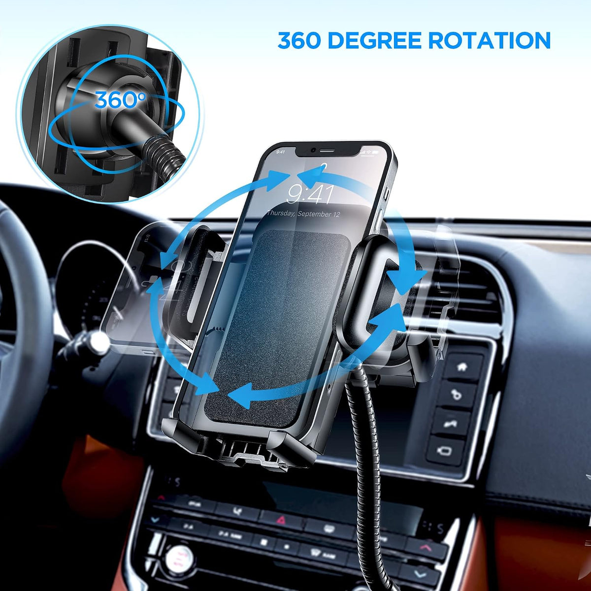 3-in-1 Cigarette Lighter Car Mount + Voltage Detector (Not for Center Console & Window), Dual USB 3.1A Charger with Adjust Gooseneck & 360° Rotating Car Mount Cradle for 1.7-3.7inch Width Phones