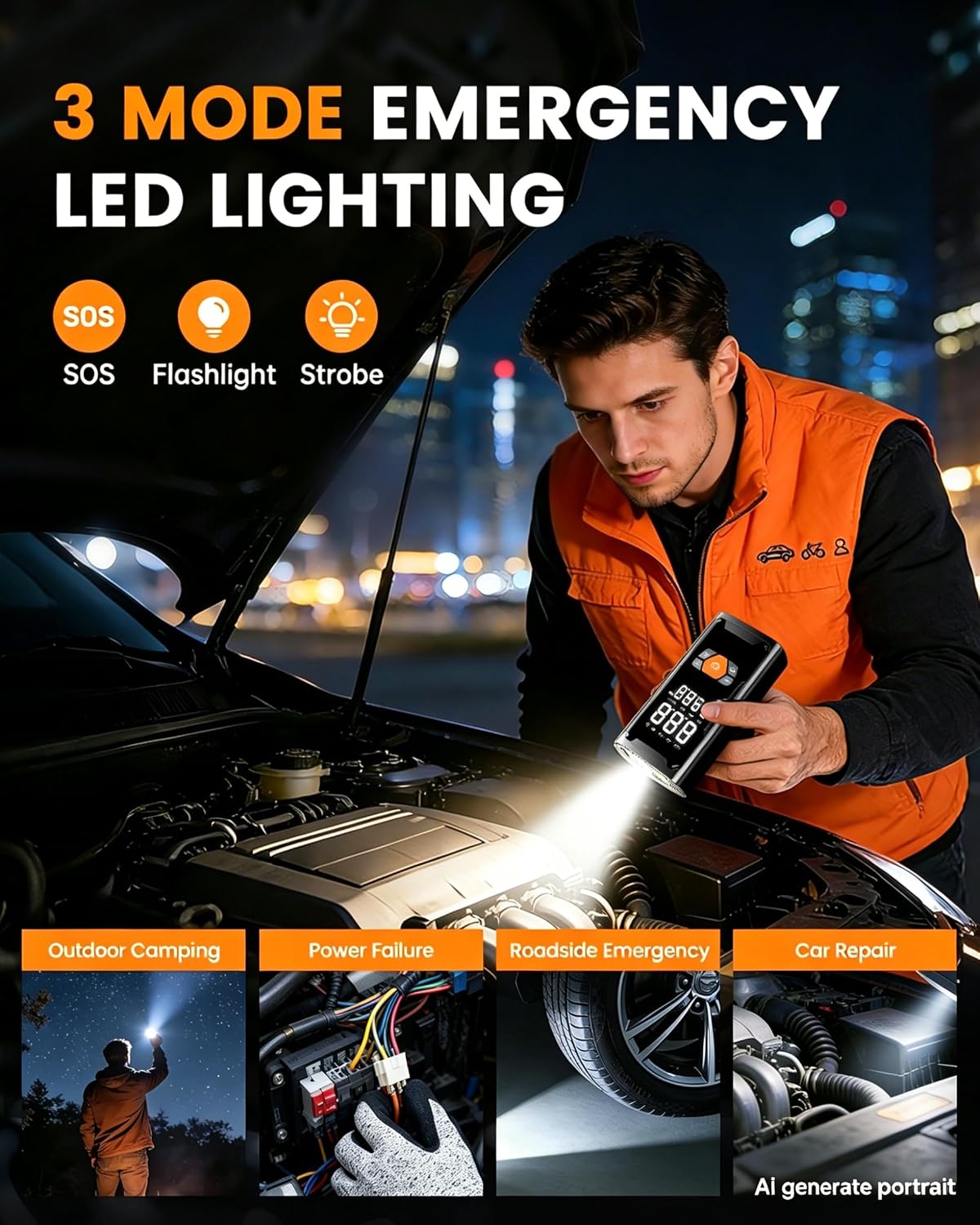 6000A Car Battery Jump Starter with Air Compressor 150PSI, Car Jumper Starter Portable (9L Gas/7L Diesel), Car Jumper with Auto-Shutoff Tire Inflator, Jumper Cables and Light