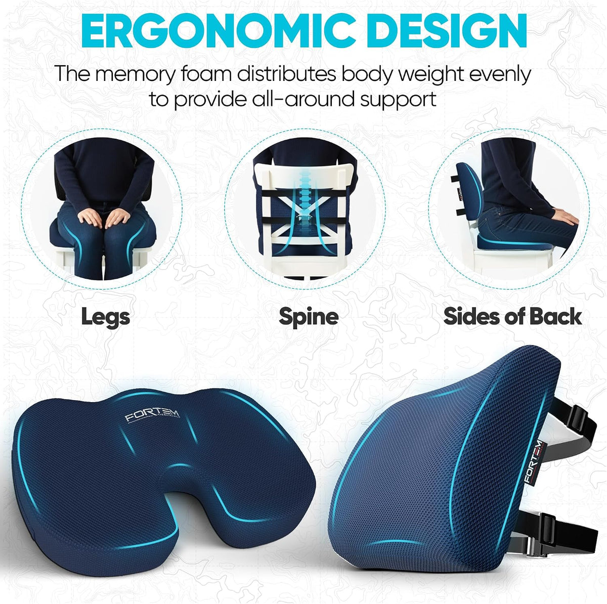 FORTEM Seat Cushion, Office Chair Cushion, Lumbar Support Pillow for Office Chair, Memory Foam Car Seat Cushions, Sciatica Coccyx Tailbone Pain Relief, Cushions for Back Support, Washable, Non Slip XL