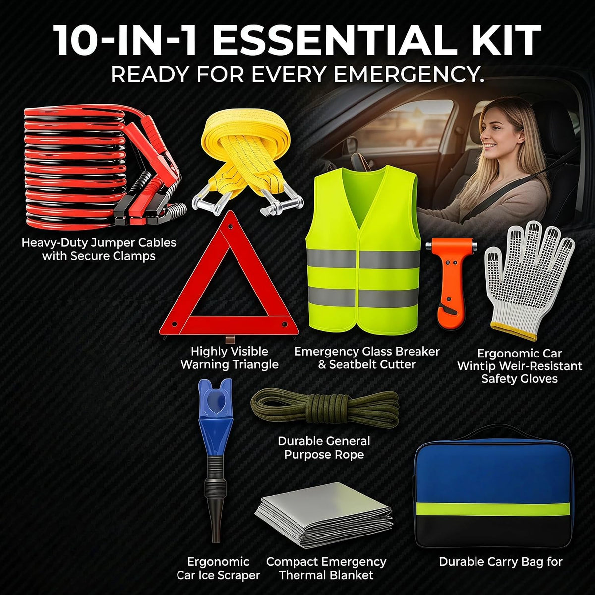 Car Roadside Emergency Kit with Jumper Cables & Tow Rope