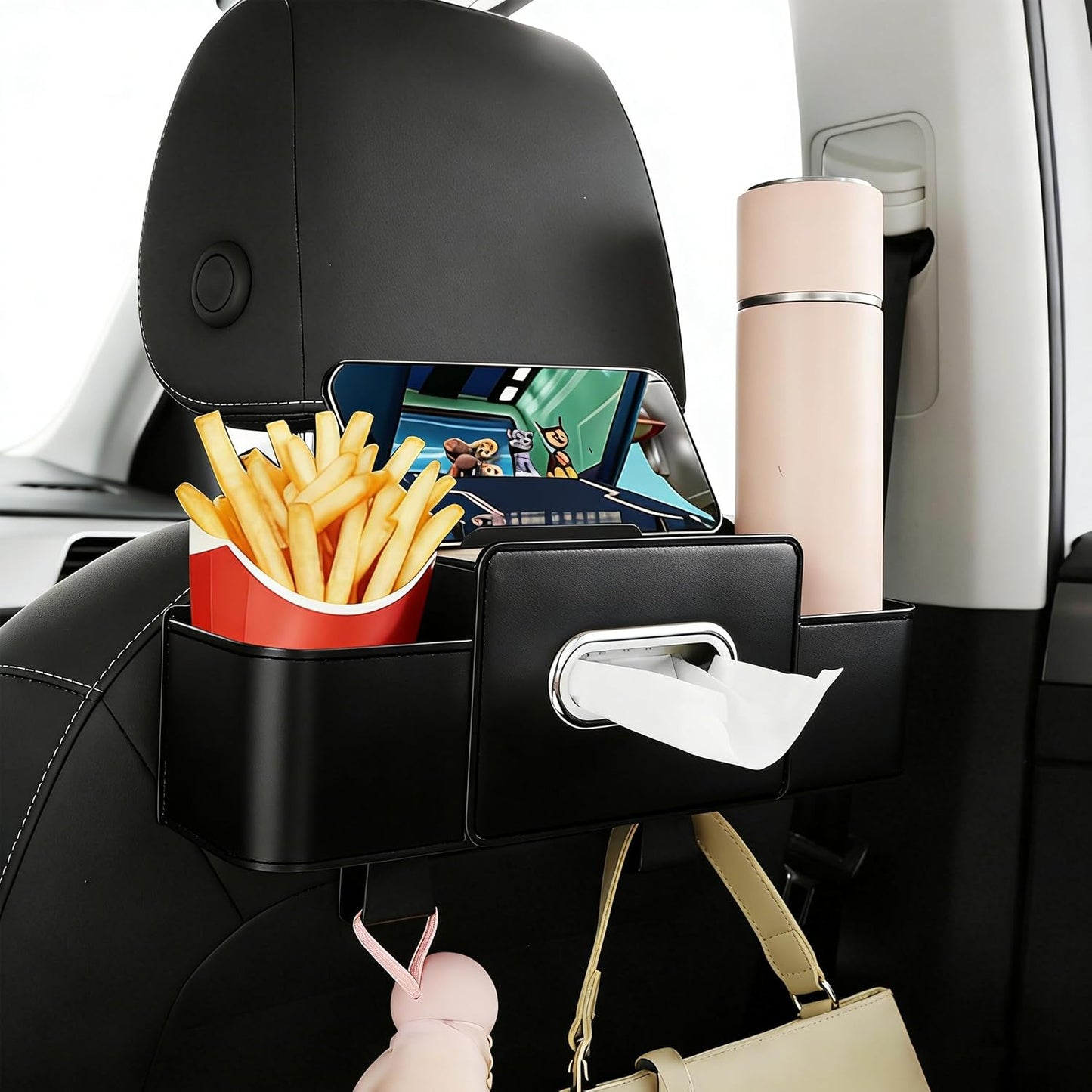Amooca Back Seat Car Organizer, 4+2 in 1 Multifunctional Car Backseat Storage Box with 2 Cup Holders Tissue Box Hook, Car Interior Storage for Travel Phones Snacks Drinks(Black)