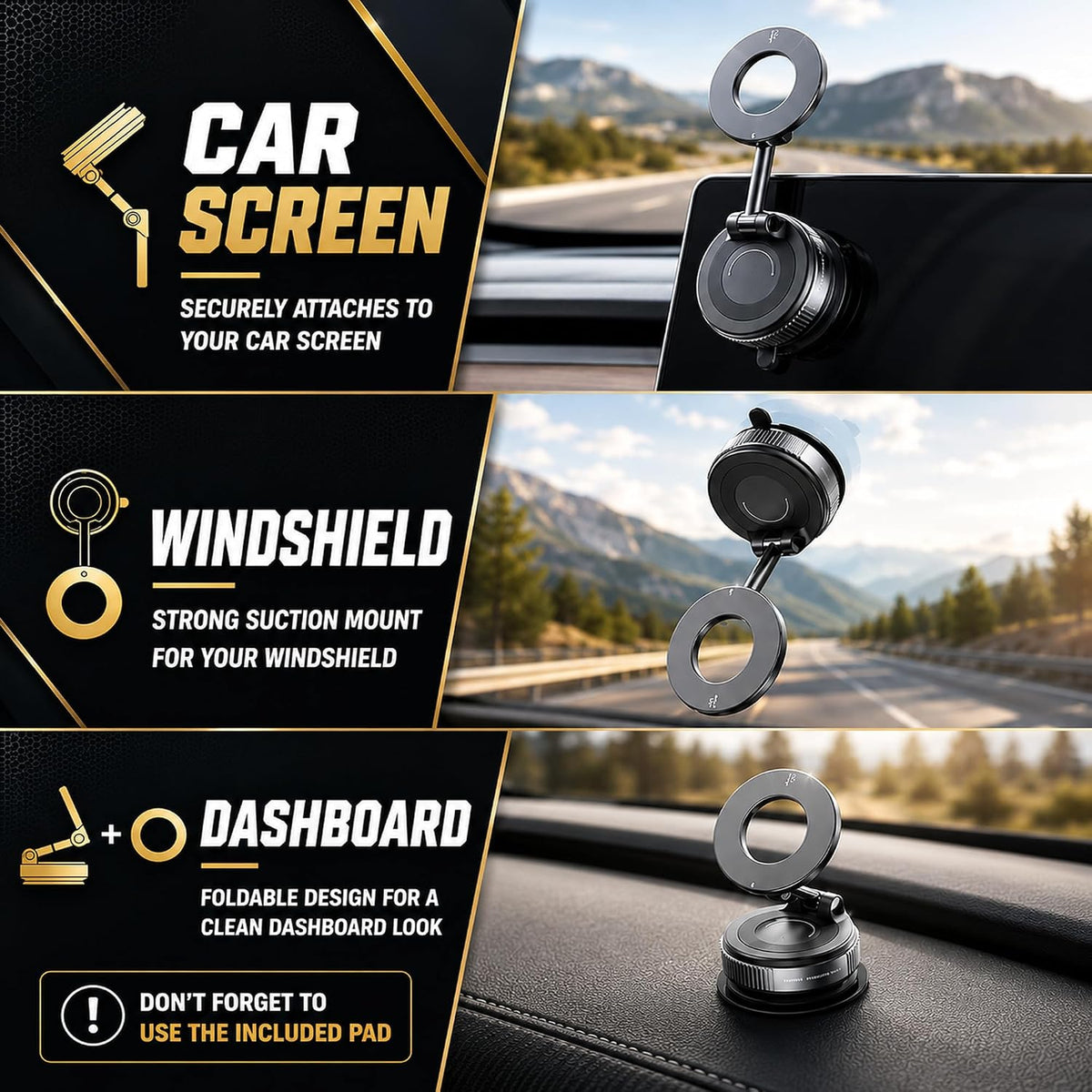 Magnetic Phone Holder for Car – 360° Rotation Vacuum Suction Mount – Strong Magnetic Dashboard & Windshield Phone Stand Compatible with iPhone, Samsung, Google Pixel & All Smartphones