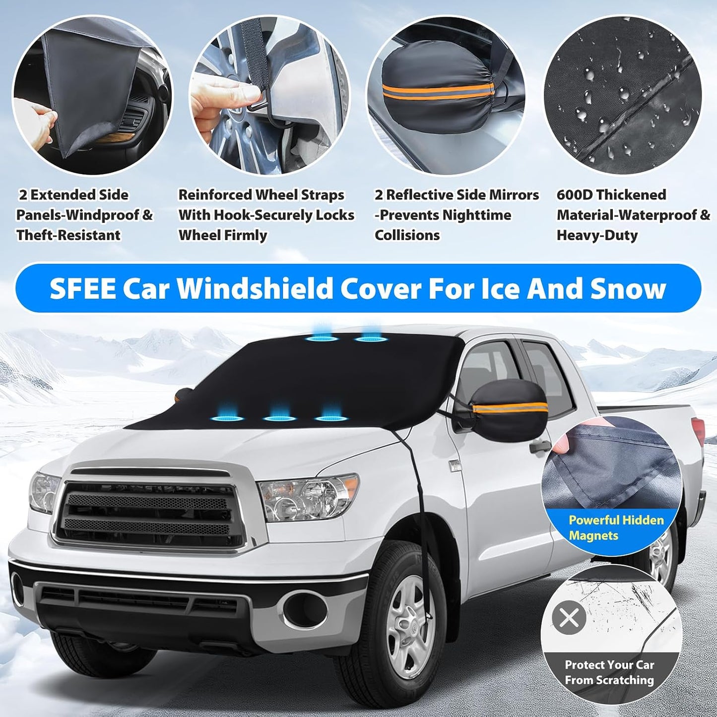 Sfee Windshield Cover for Ice and Snow,Heavy-Duty 600D Waterproof Windshield Snow Cover With 2 Mirror Covers, All-Weather Magnetic Frost Guard Winter Car Snow Cover Fit Car, Truck, Suv,Van (77" X 47")