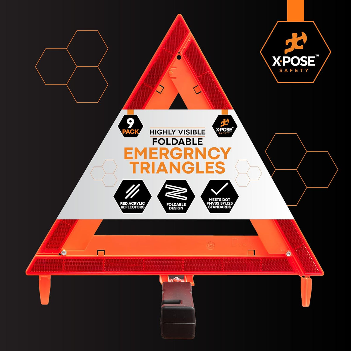 Xpose Safety Reflective Emergency Triangles – 9 Kits (27 Triangles) – DOT Approved Roadside Car Safety Warning Reflectors – Red & Orange Automotive Vehicle Hazard Visibility Markers