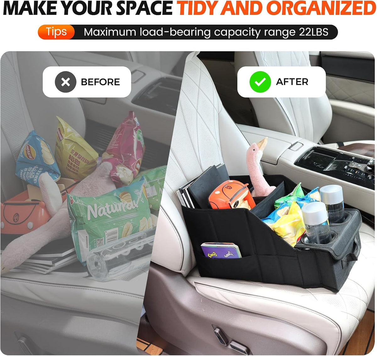 Car Seat Organizer with Cooler Compartment for Front & Rear Seats | 11 Storage Pockets, 2 Cup Holders, Durable Oxford Fabric, SUV & Truck Compatible, Ideal for Kids Family Road Trips