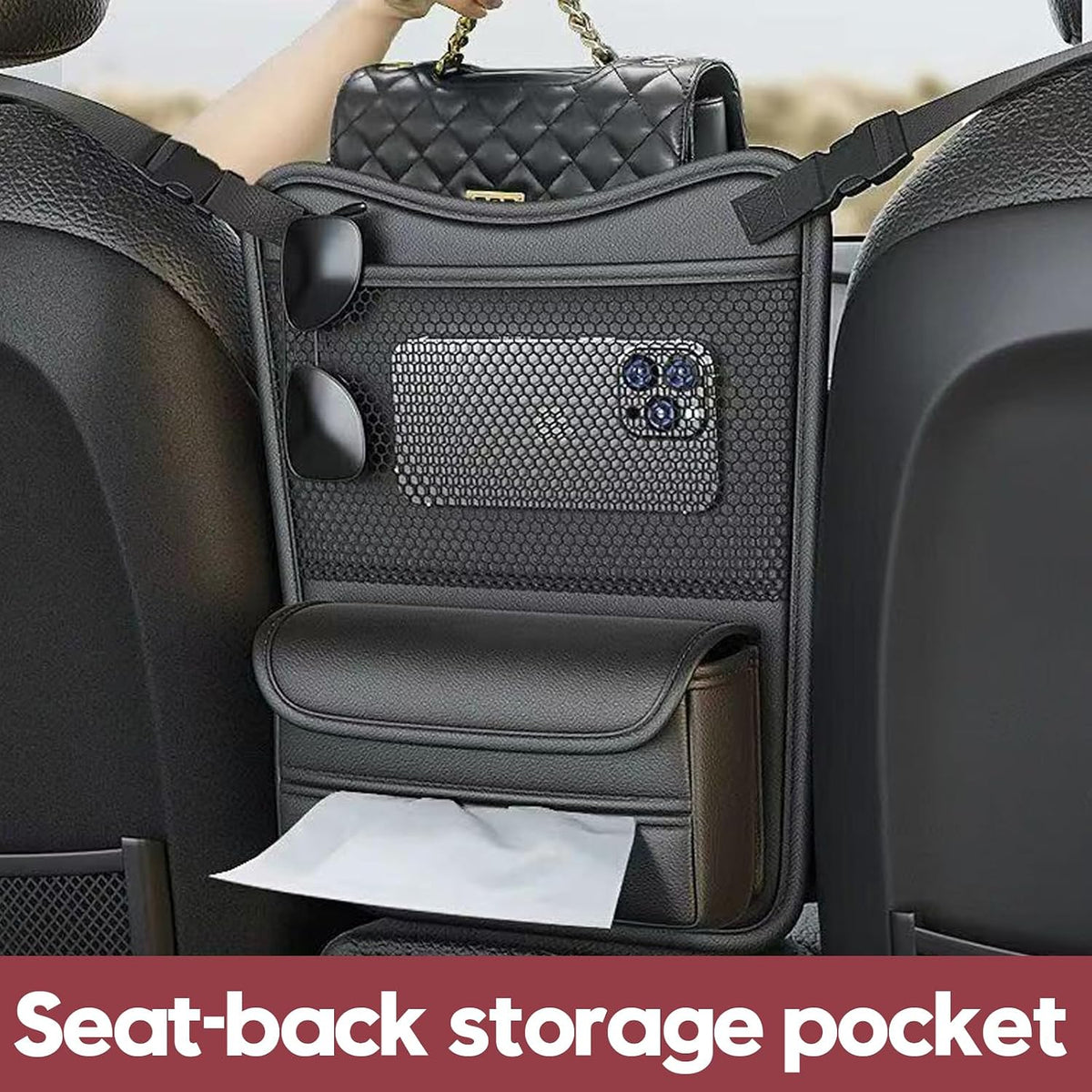 EMTK Car Seat Back Organizer, Black, Mesh Pocket Storage Bag, Reversible Front and Back Placement, 12.99 x 8.86in