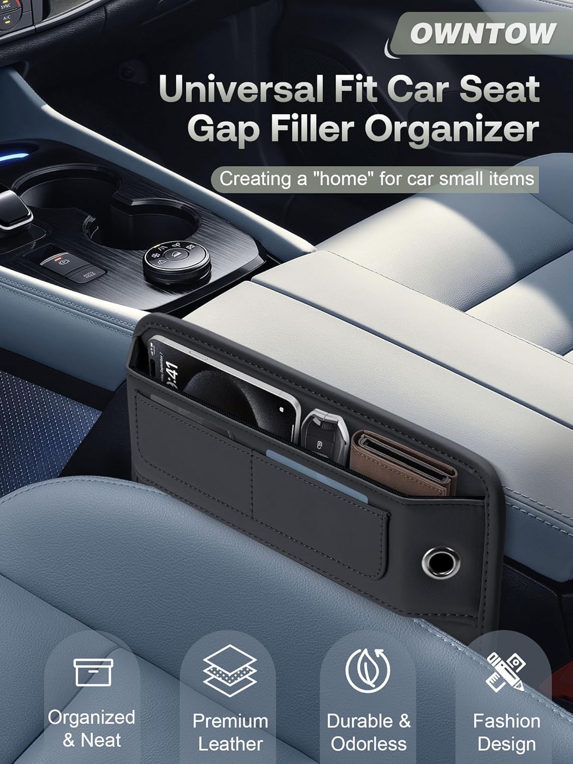 Universal Fit Premium Leather Car Seat Gap Filler Organizer, Center Console Organizer with Card Slots, Clever Gifts for Car SUV Truck Owners (Black, 1 Pack)