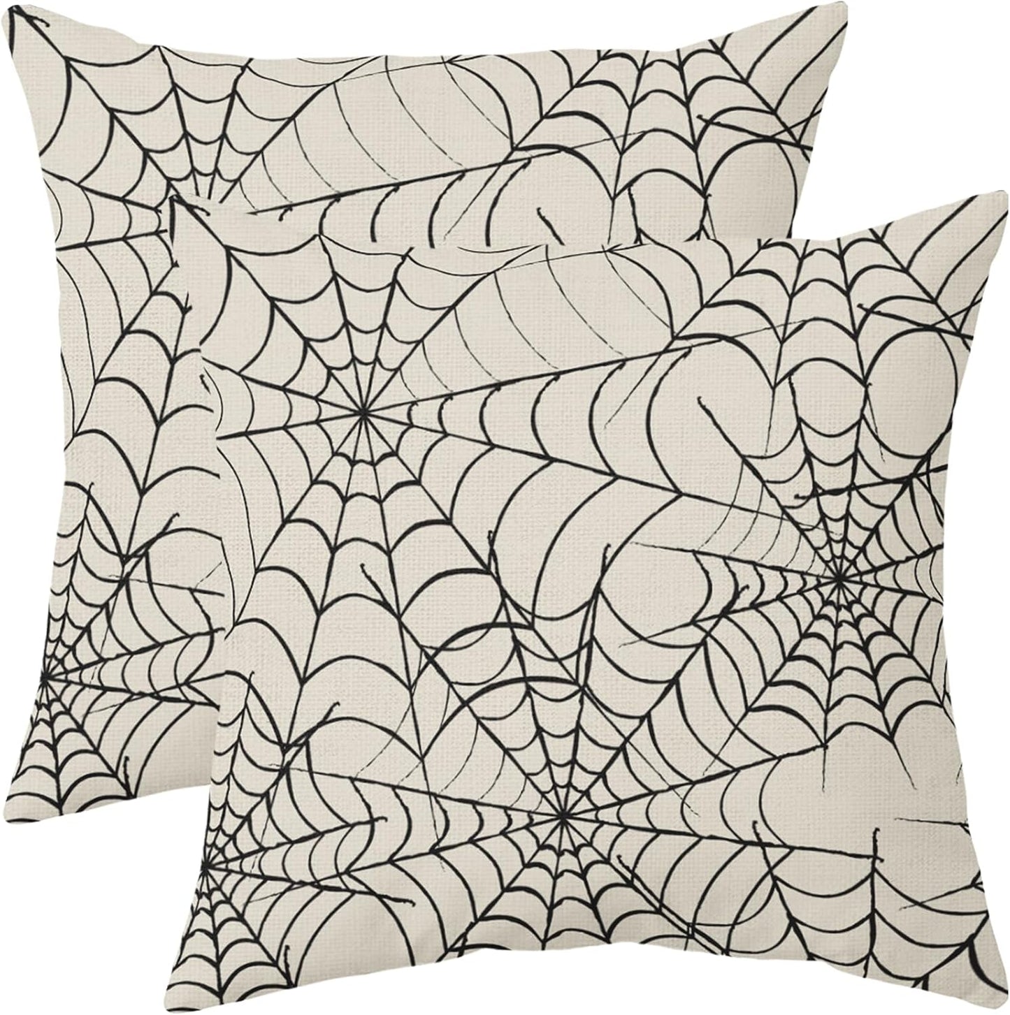 Robvobe Cream Halloween Spiderweb Pillow Covers 18x18 Set of 2 Black Web Outdoor Decorative Throw Pillows Halloween Scary Themed Farmhouse Pillowcases Linen Cushion Case Decor for Home Sofa Couch Bed
