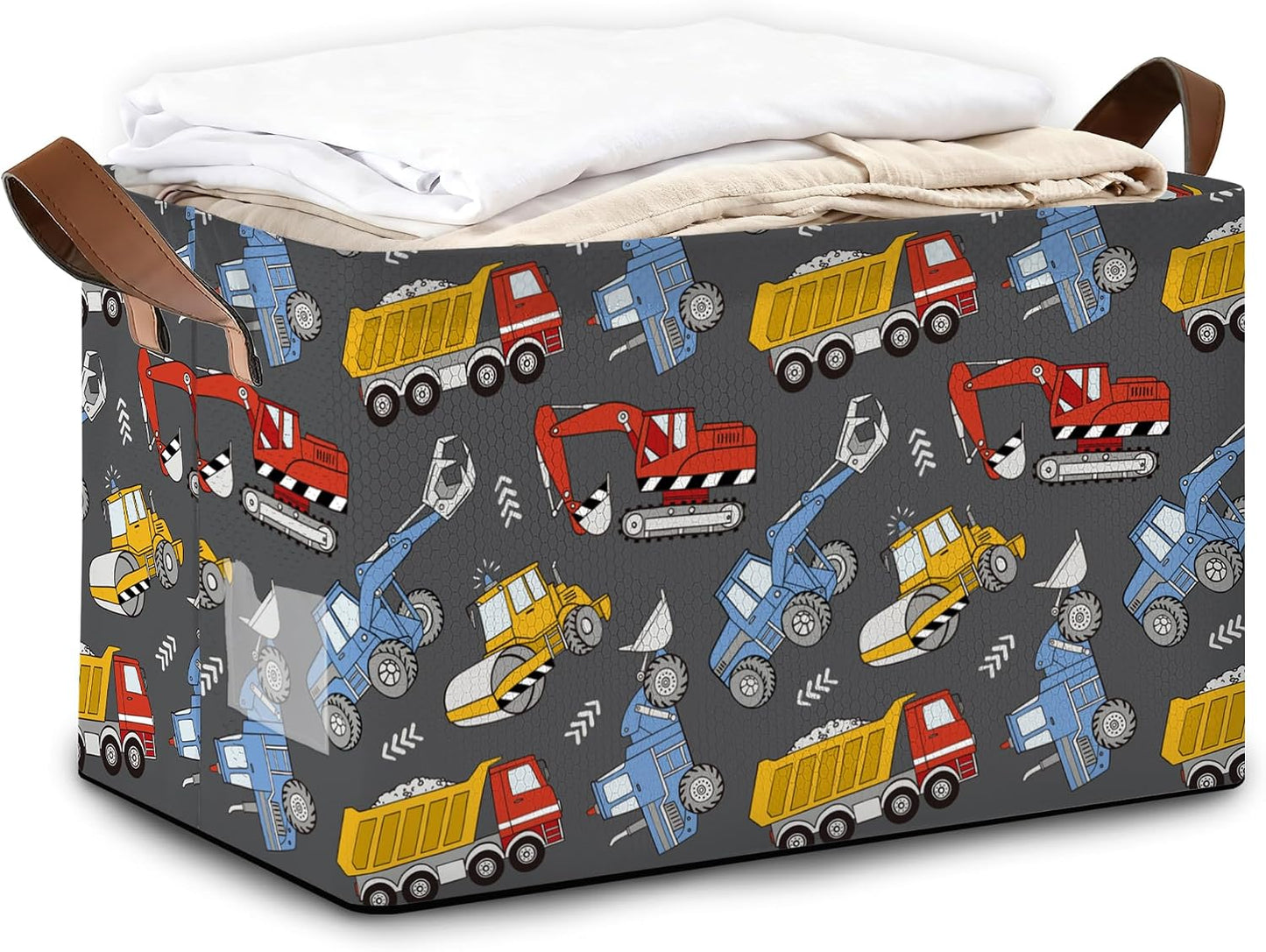 Storage Bins with Handles, Oxford Cloth Storage Basket with Sturdy Frame, Excavator Car Collapsible Organizer for Closet, Shelf, Clothes, Towels, Home Storage