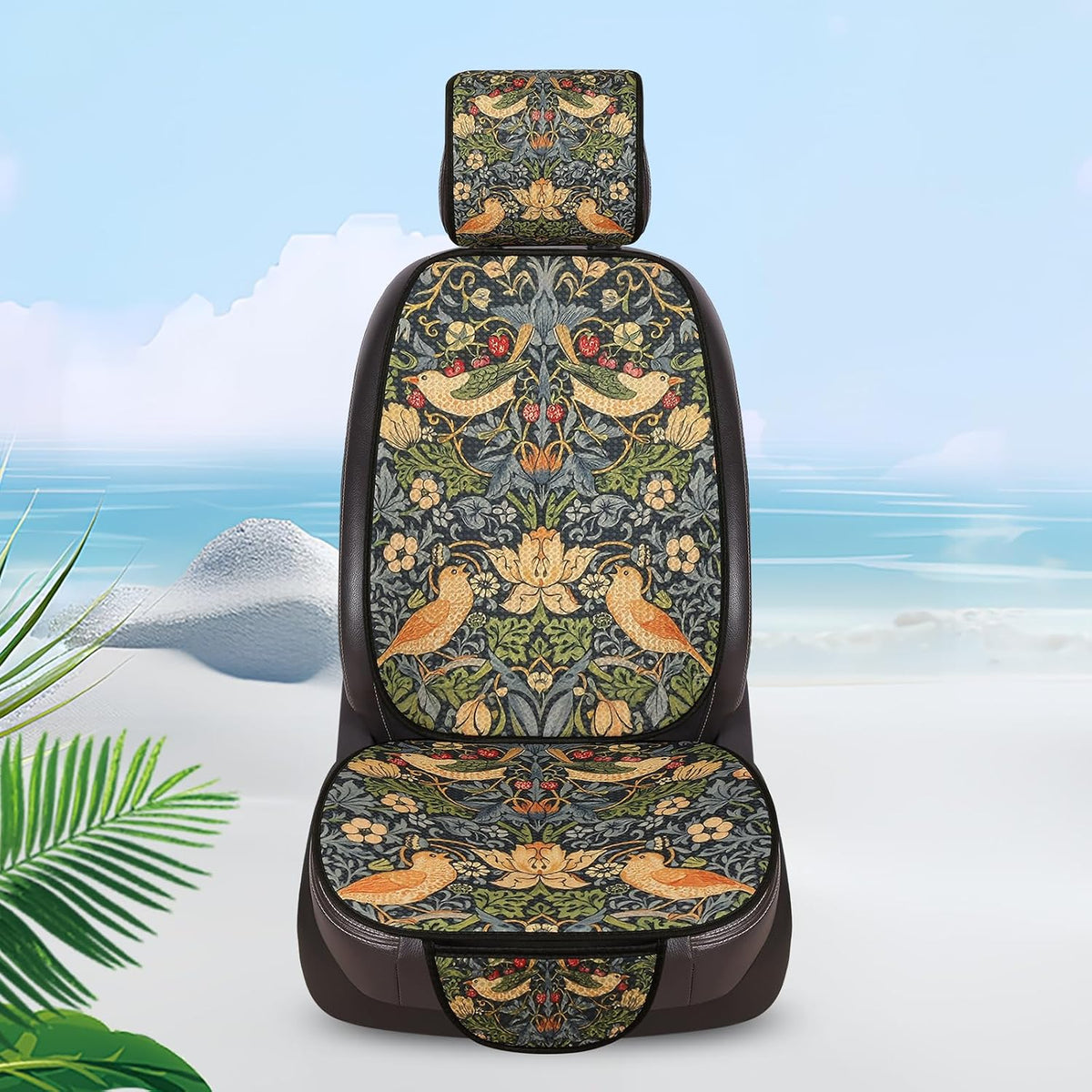 Luxury Boho Car Seat Covers Set,2-Front Seat Full Set,William Morris Vintage Bohemian Floral Pattern Honeycomb Knit Fabric,Breathable&All-Season Universal Automotive Seat Protectors