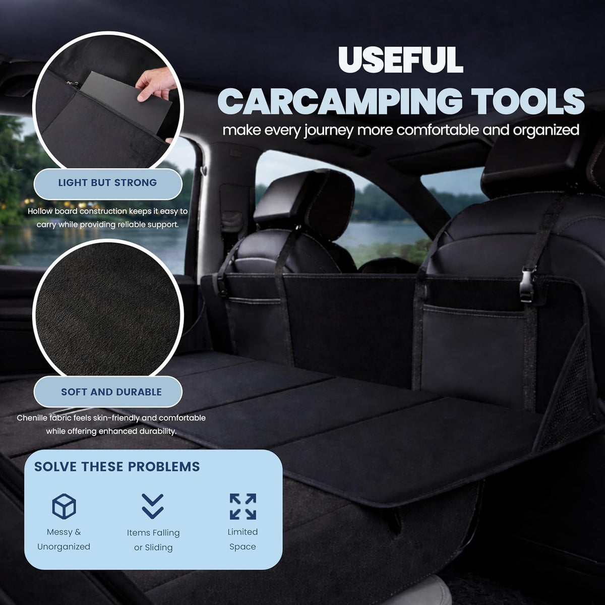 Foldable Car Back Seat Extender for Sleeping, Rear Seat Mattress Extension Plate, Portable Car Bed Platform for Camping & Road Trips, Expands Trunk Space, Fits Most Cars & SUVs