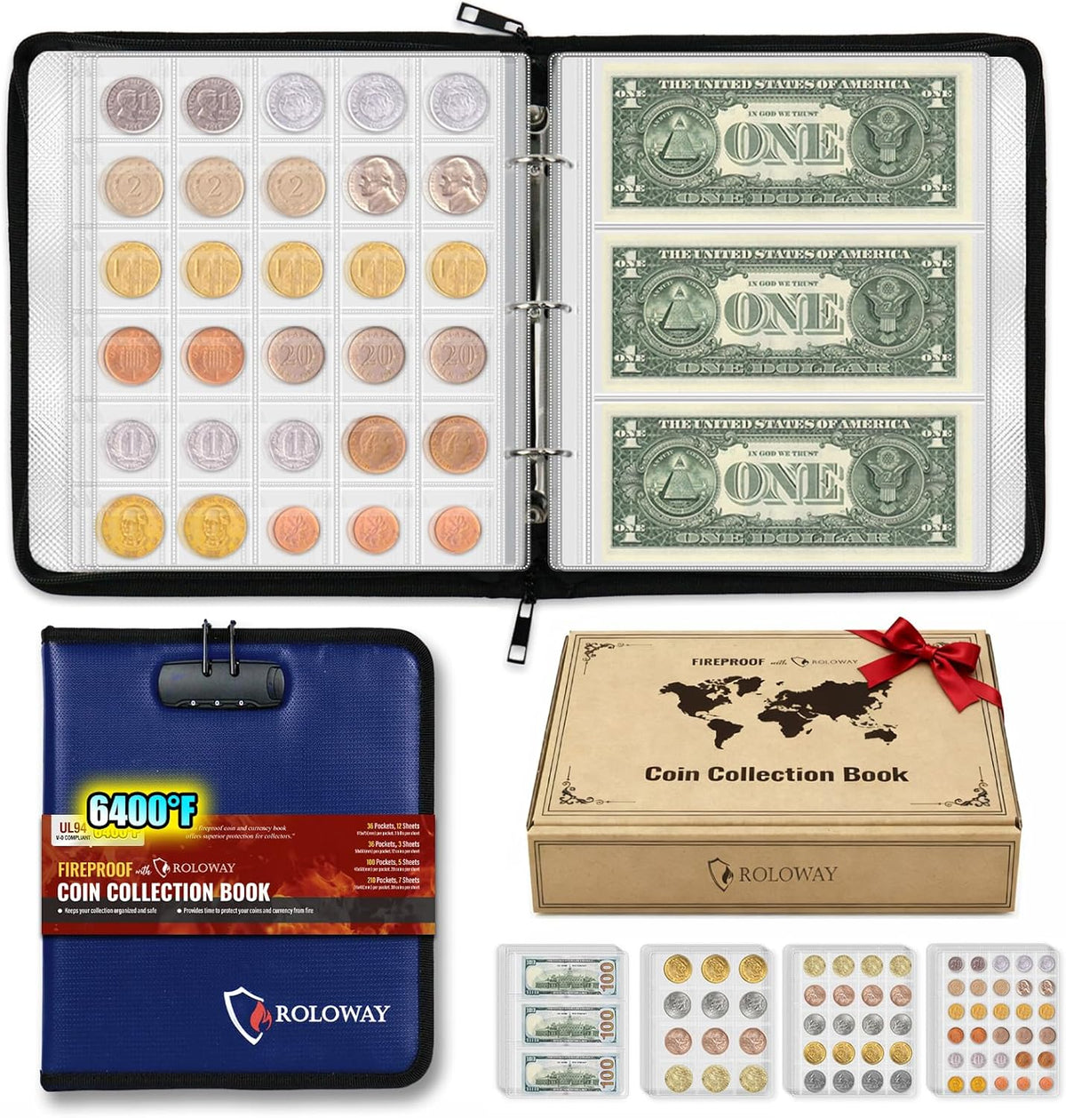 ROLOWAY Coin Collection Book 6400℉ Heat Insulated, 346 Pockets Fireproof Coin Book Holder and 36 Paper Currency Album with Aluminum Foil Layer, Money Saving Coin Collector Book with Lock (Blue)