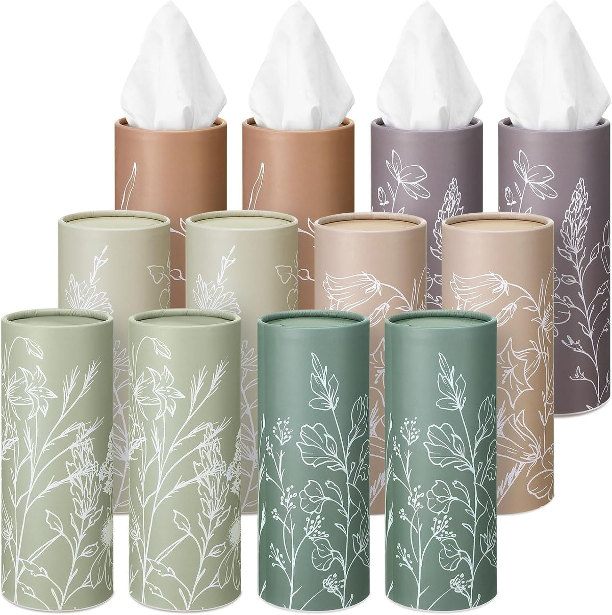 Fourluoo 12 Pack Flower Line Art Tissue Boxes for Car Cylinder Bulk Colorful Floral Round Cylinder Holder with 3 Ply Facial Tissues for Spring Summer Travel Bathroom Office Decoration
