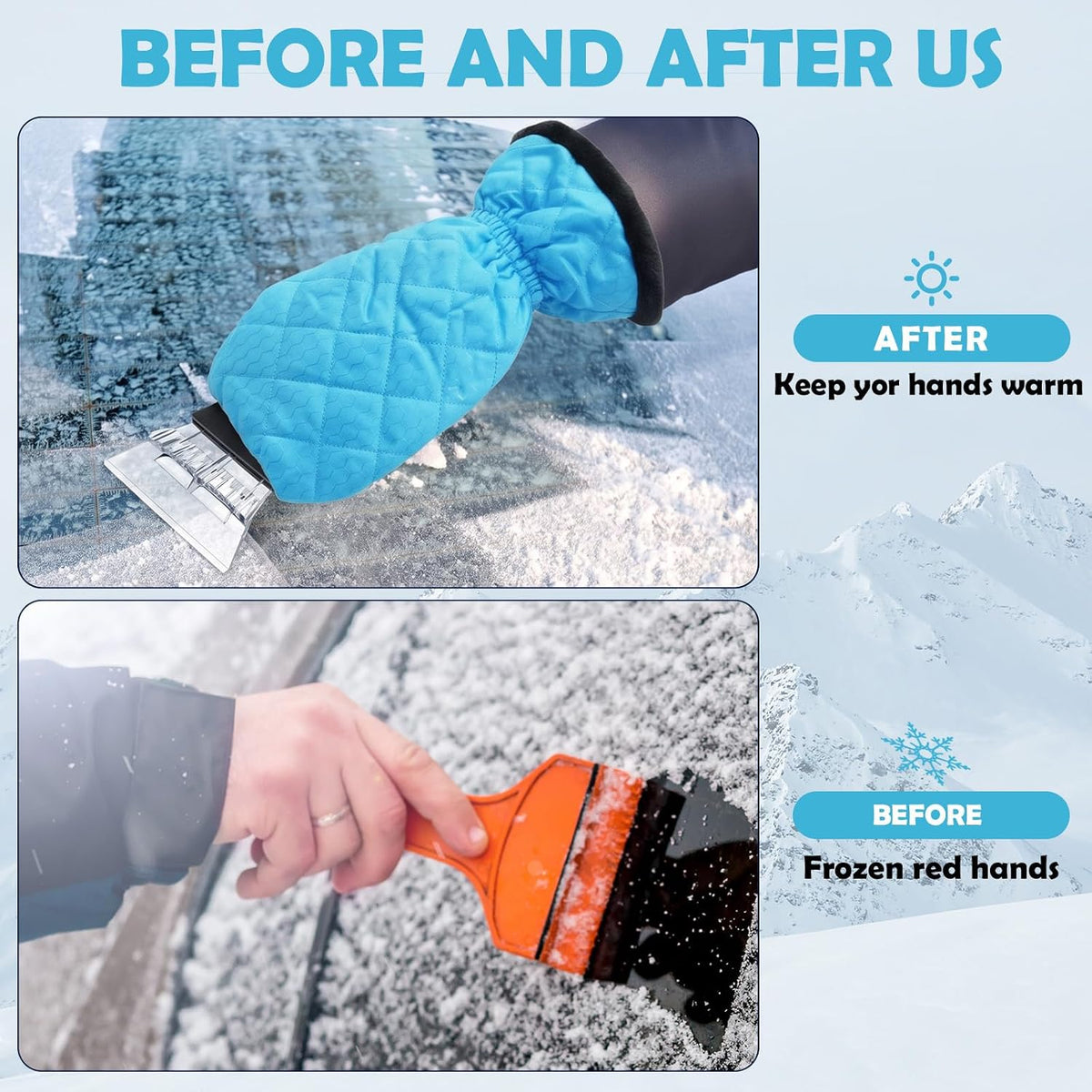 JaGely 4 Pack Ice Scrapers with Glove for Car Windshield,Sky Blue