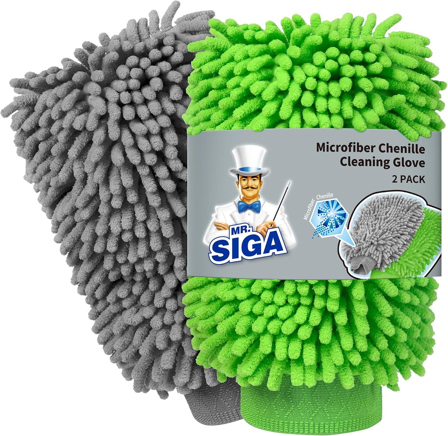 MR.SIGA Premium Microfiber Soft Chenille Car Wash Mitt, Pack of 2, Gray & Green