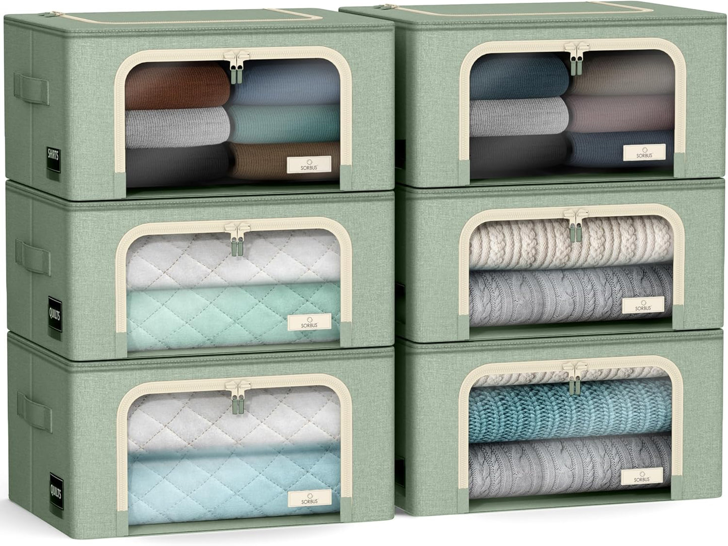 Sorbus® Storage Bins Boxes, Foldable Stackable Container Organizer Basket Set with Large Clear Window & Carry Handles, for Bedding, Linen, Clothes (Brown)