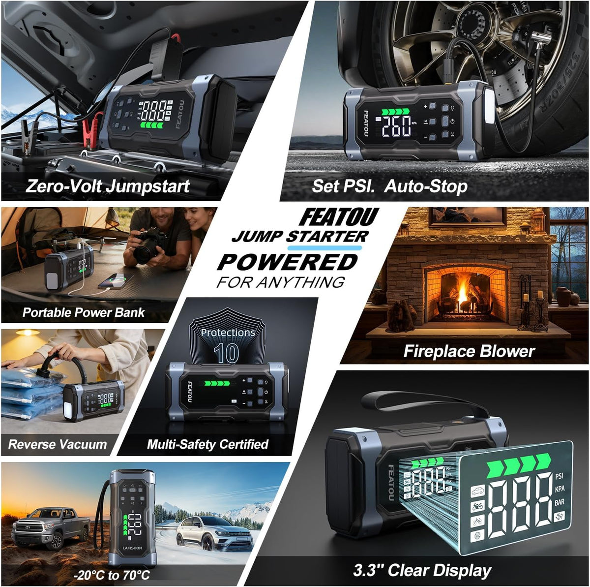 High-Power 9000A Jump Starter with Air Compressor, 12V Car Battery Jump Starter, Portable Jump Box for Car(All Gas/14L Diesel) with Tire Inflator, PD 30W Fast Charge, Forced Boost Battery Jumper