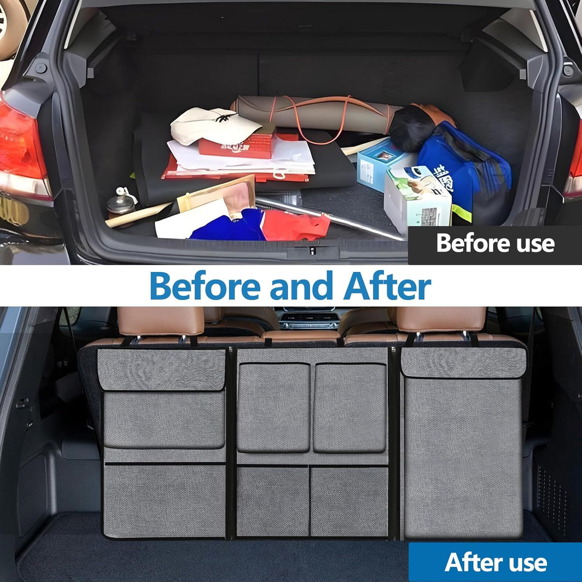 Hovom Car Trunk Organizer, Large Capacity Trunk Organizer for SUV, Detachable Vehicle Seat Back Hanging Storage Organizer with Zippers, Waterproof Car Storage Bag with 7 Pockets (Gray)