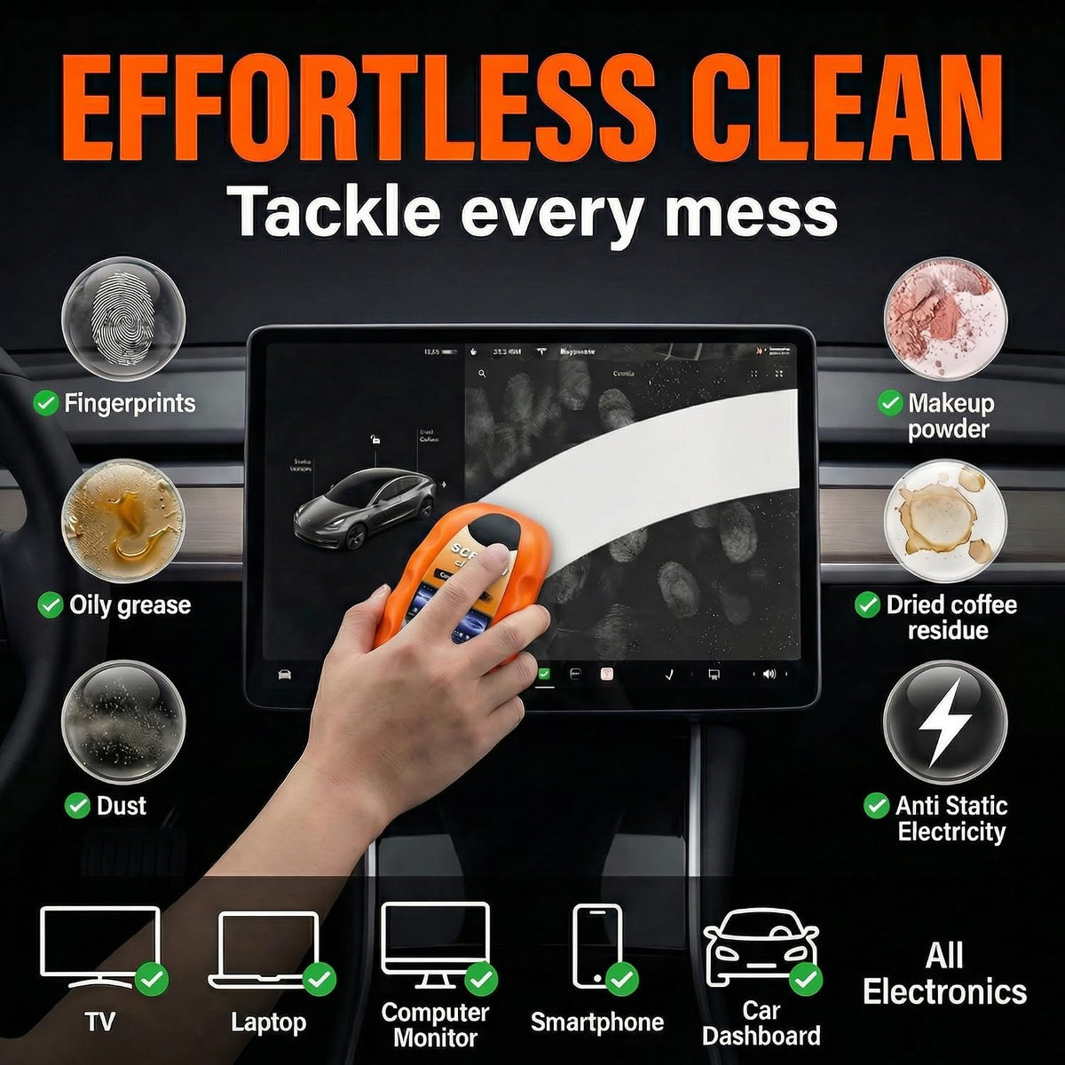 Car Screen Cleaner with Built-in Sponge | Effortlessly Removes Fingerprints, Dust and Make-up Stains | Anti Static Formula Safely Works on TV, Laptop, Computer Monitor, Phone, Dashboard & Console