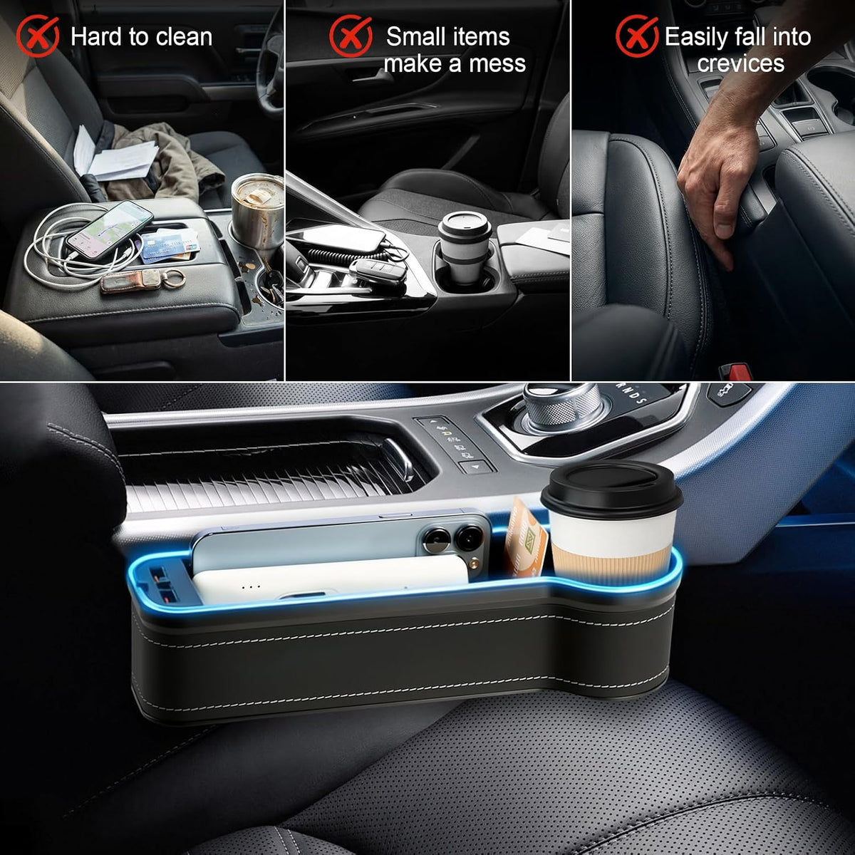 2 Pack Car Gap Filler Organizer with Charger Upgrade LED Seat Gap Organizer Box with Cup Holder Card Slot Larger Storage Space Reducing Item Loss