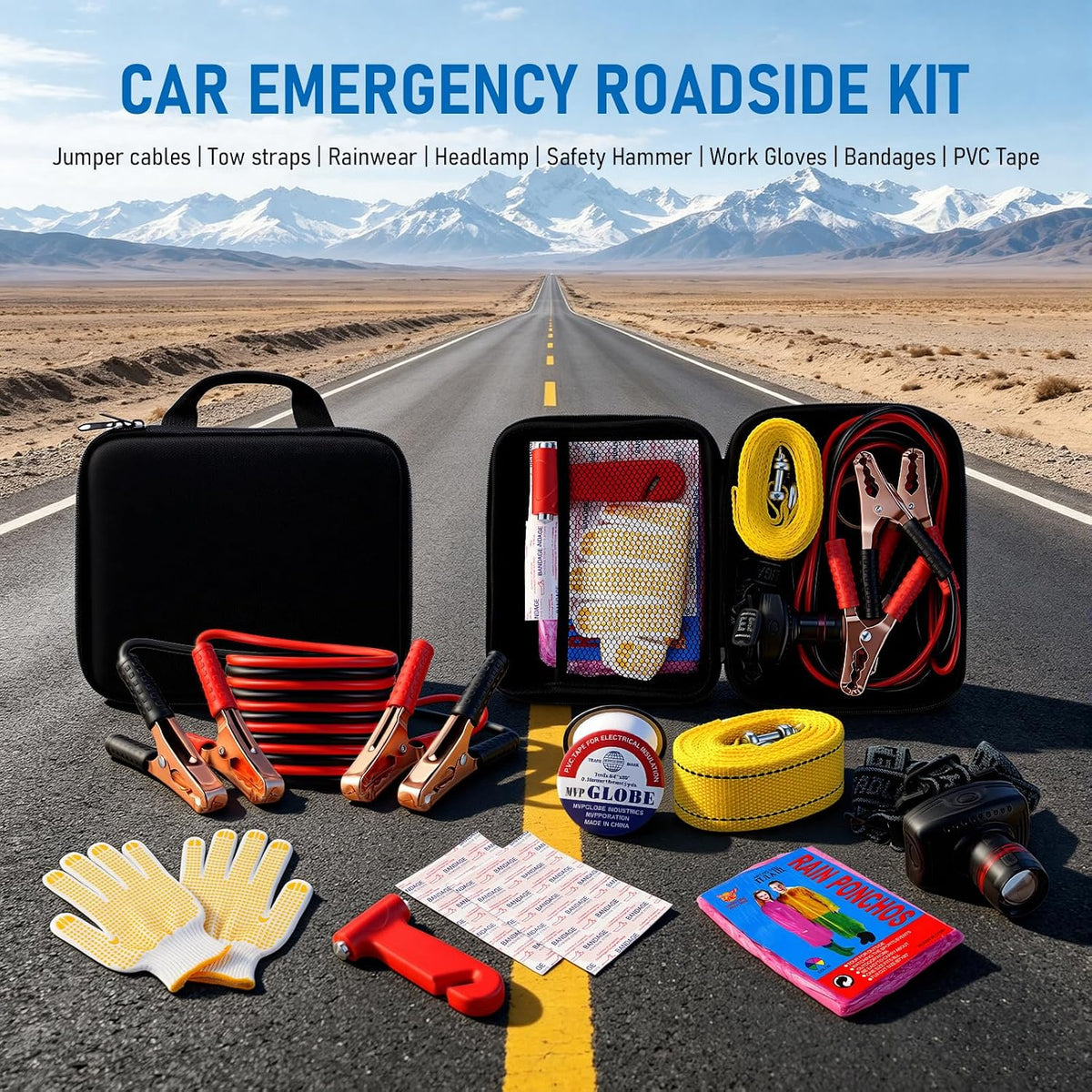 Amiss Car Emergency Roadside Kit, Safely Kit with Jumper Cables and Tow Straps, Headlamp, Safety Hammer, Work Gloves, Bandages, PVC Tape, Gifts for New Drivers, Car Accessories for Roadside Emergency