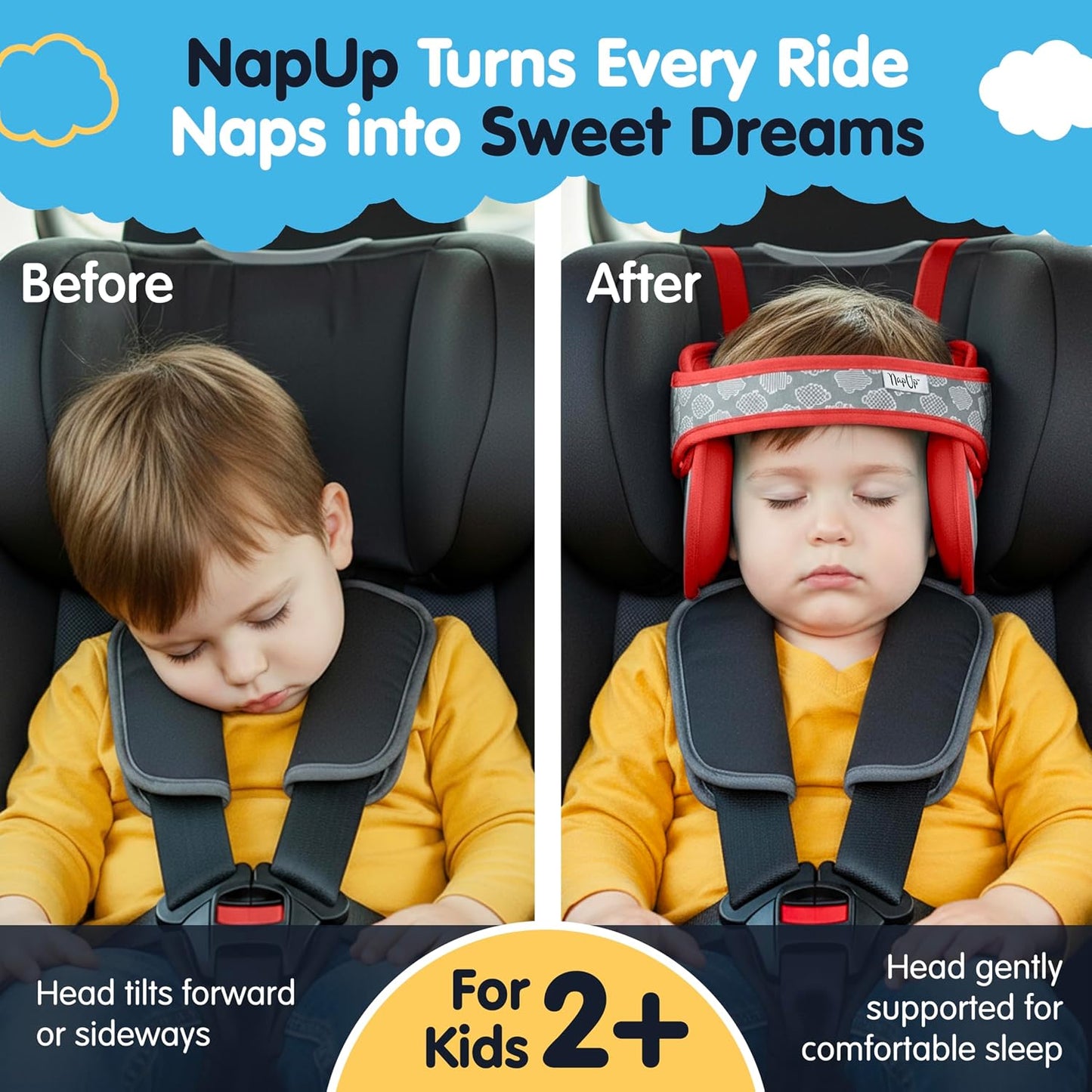 NapUp Adjustable Head Support for Car Seat – Patented & Crash-Tested Anti-Bobbing Head Holder Strap, Comfortable Sleep Solution - Breathable Fabric, Kids Travel Accessories - Ages 2+ - Red
