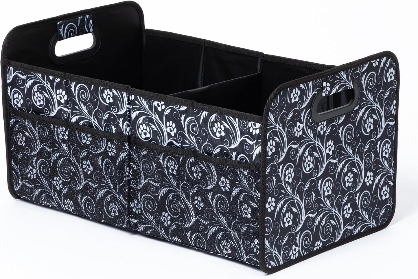 GreaterGood Paws Car Trunk Organizer Foldable Storage Bin with Handles Non Slip Base Pet Gear Travel Tote for SUV Truck (Flourish Paws)