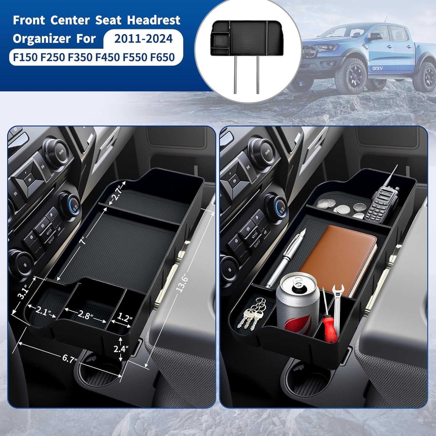 Upgraded Front Center Console Organizer Fit for 2011-2025 Ford F150 F250 F350 F450 F550 F650 Super Duty Accessories- Jump Seat Headrest Replacement with Cup Holder Tray (Black)