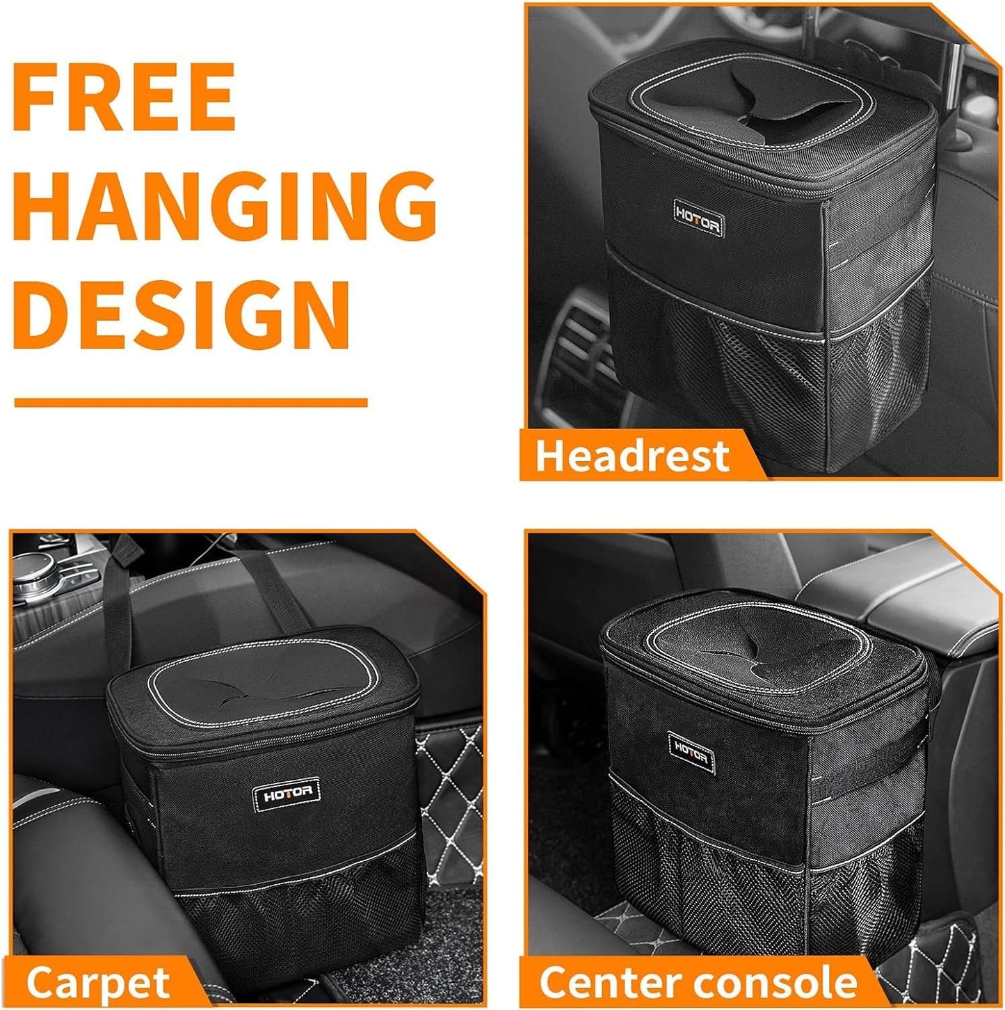 HOTOR 3 Gallons Car Trash Can, Ultra Large Capacity Organizer and Storage with Adjustable Straps & Magnetic Snaps, Waterproof Car Accessory for Interior Car Stuff Storage, Black