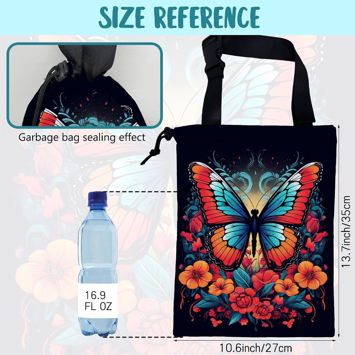 Car Garbage Bag Colorful Butterfly with Flowers Hanging Canvas Car Trash Bag Waterproof Drawstring Car Back Seat Organizer for Car Back Front Seat Console with Adjustable Buckle