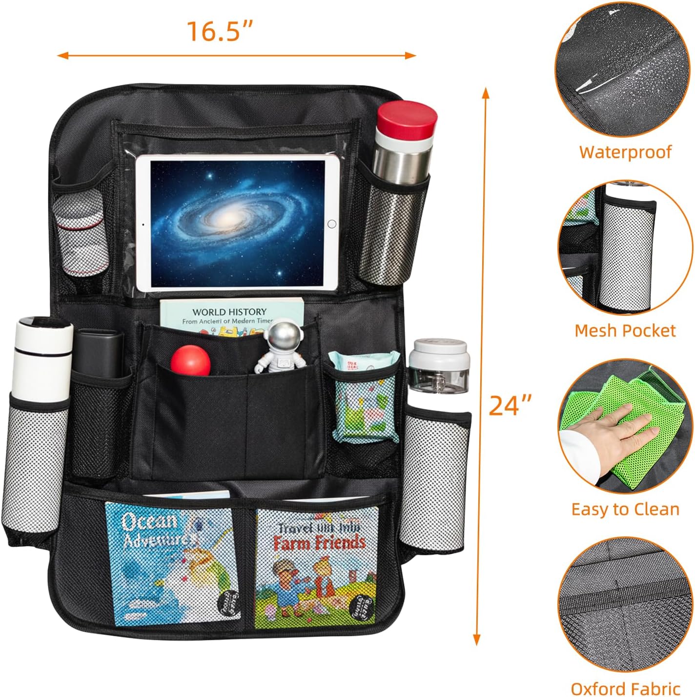 2 Pack Car Organizer Backseat with 12 Storage Pockets, Waterproof Back of Seat Car Storage Organizer Kick Mats for Kids Baby