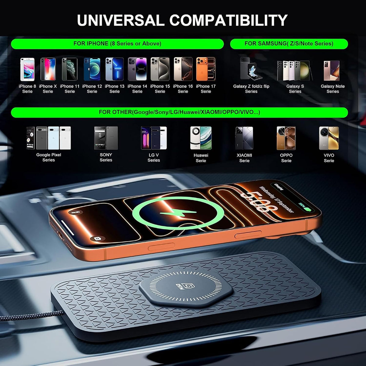 Wireless Car Charger Silicone Pad, for iPhone17/16/15/14/13/12/11 Pro Max,25W Fast Car Wireless Charging Non-Slip Mat, for Samsung S21/S22/S23/S24/S25/Androids,80cm Cable, Black