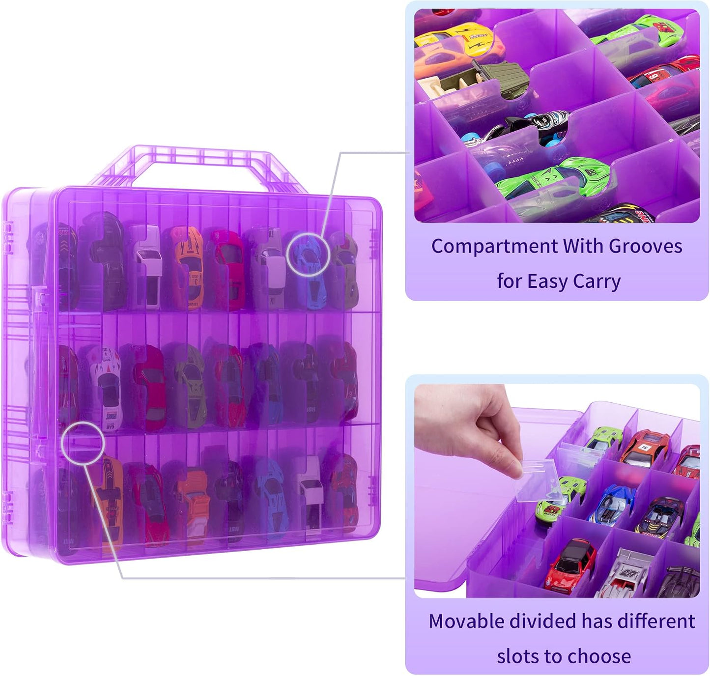 Double Sided Toy Car Storage Case for 48 Toy Cars, Matchbox Cars, Mini Toys, Small Dolls, Portable Transparent Storage Case for Toy Cars, Matchbox Cars with 48 Compartments, Case Only