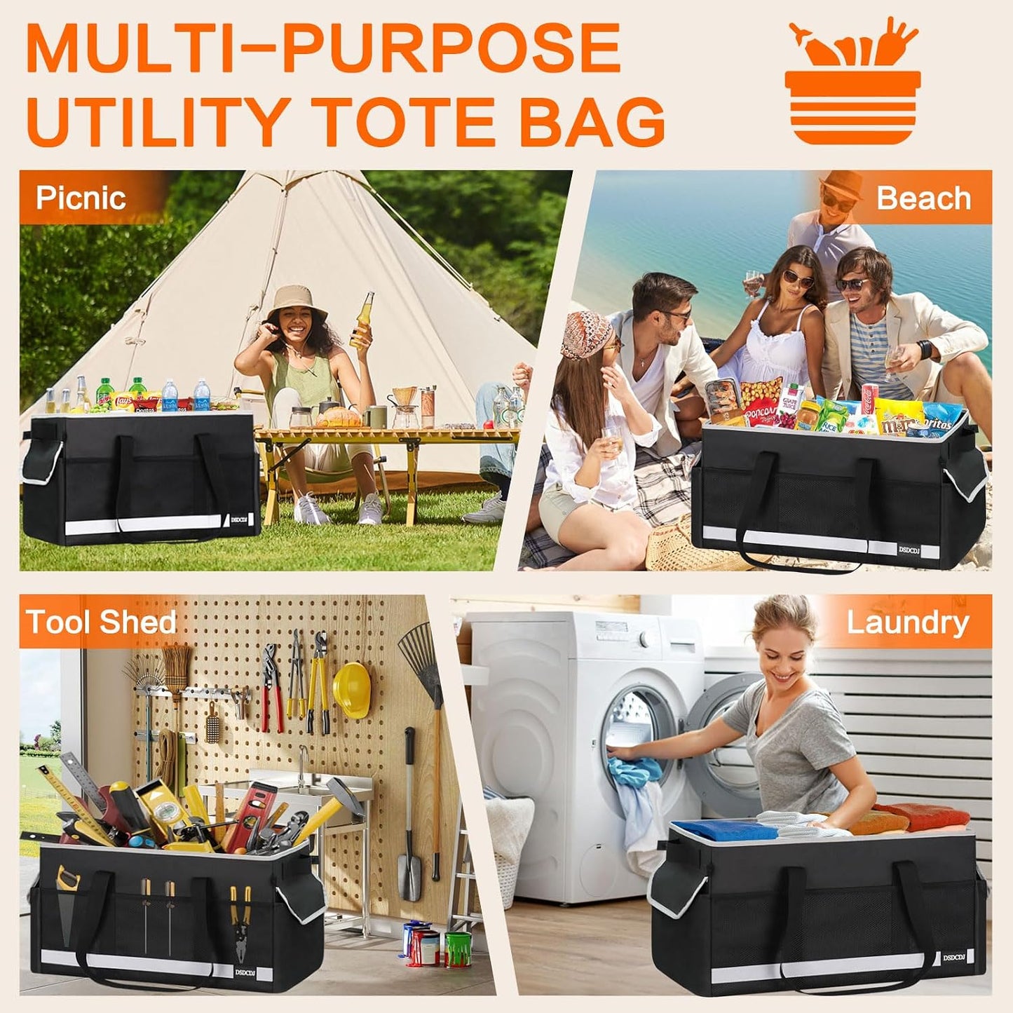 Upgrade Extra Large Utility Tote Bag with Reflective Strip, Standing Reusable Grocery Bags with Hard Bottom & 4 Sided Reinforced, Collapsible Utility Tote with Handles for Shopping, Beach, Car | Upgrade