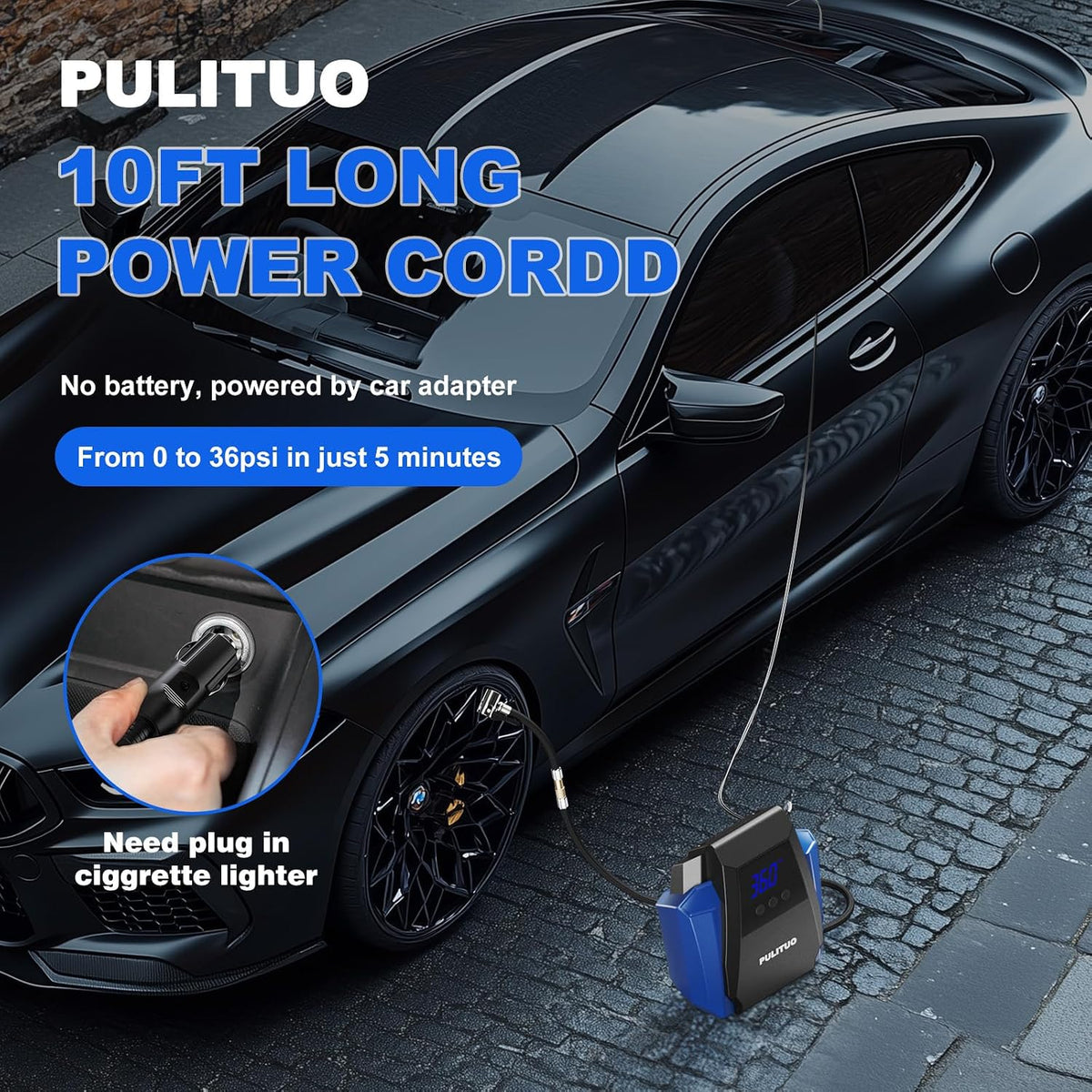 PULITUO 12V DC Tire Inflator - Portable Air Compressor 35L/min, 150 PSI Car Tire Pump with Auto Shut Off, Digital Pressure Gauge and LED Light, Blue