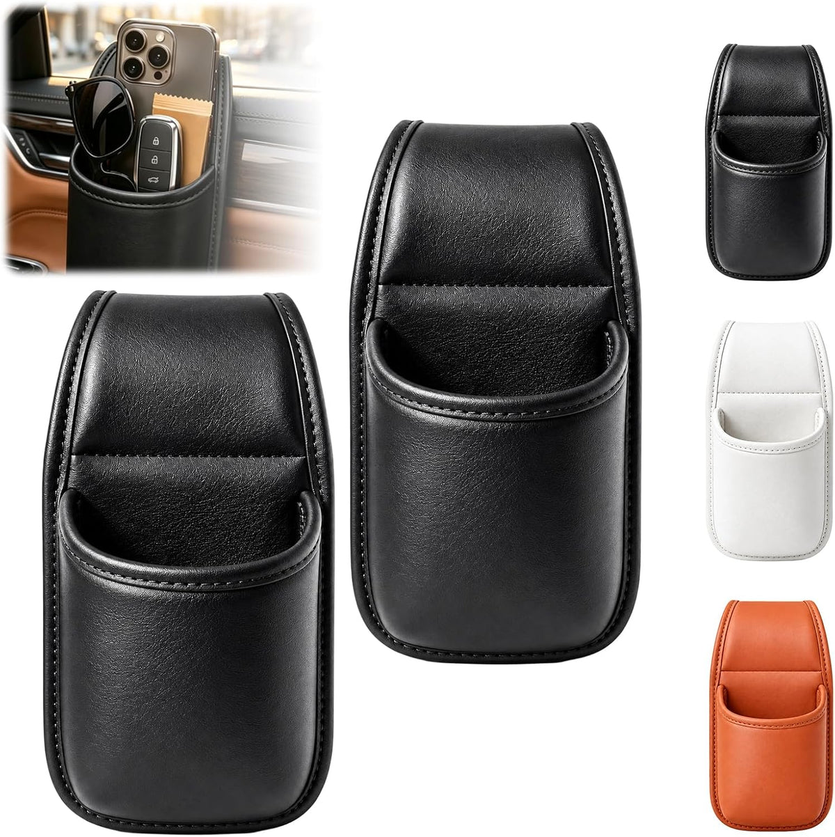 2 Pack Leather Car Door Cup Holder for Window,Multi‑Purpose Car Door Side Hanging Holder,Clip on Extra Large Drink Organizer for Phone Drink Bottle Sunglasses,Wide-Mouth Organizer(Orange)