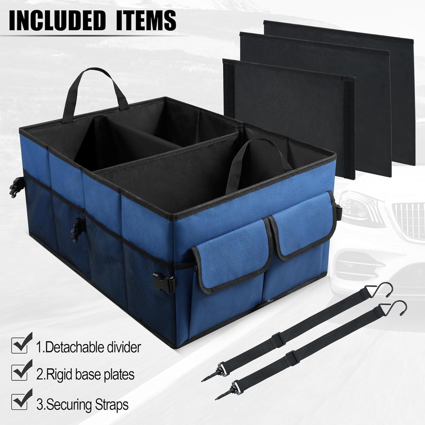 UYYE Auto Collapsible Trunk Organizer, 3 Large Compartments and 6 Pockets Durable for Cargo Storage, Easy to Storage Tools With Adjustable Securing Straps and Non-Slip Bottom for Car (Dark Blue)