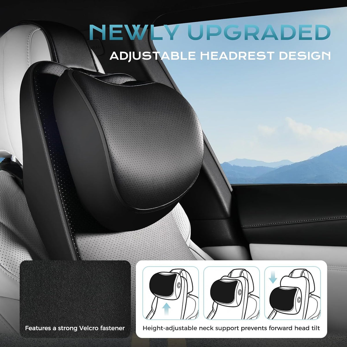 Coverado 2-in-1 Lumbar Support with Car Headrest Pillow, Adjustable-Height Velcro Design Car Neck Support Pillow for Driving Seat, Ergonomic Memory Foam Car Back Support Pillow for Pain Relief, Black