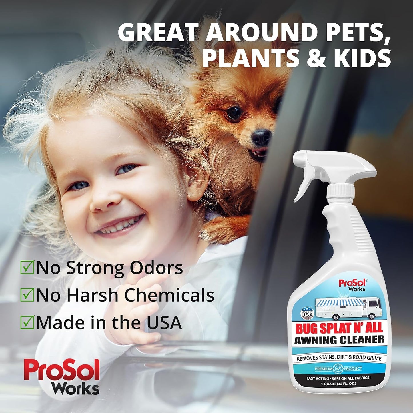 Bug Splat N' All Awning Cleaner 32 fl oz - Boat, Patio, Trailer & RV Awning Cleaner for Bug Splatter, Dirt, Grime & Stain Remover - Awning Fabric Cleaner & Rust Remover - Safe on All Surfaces
