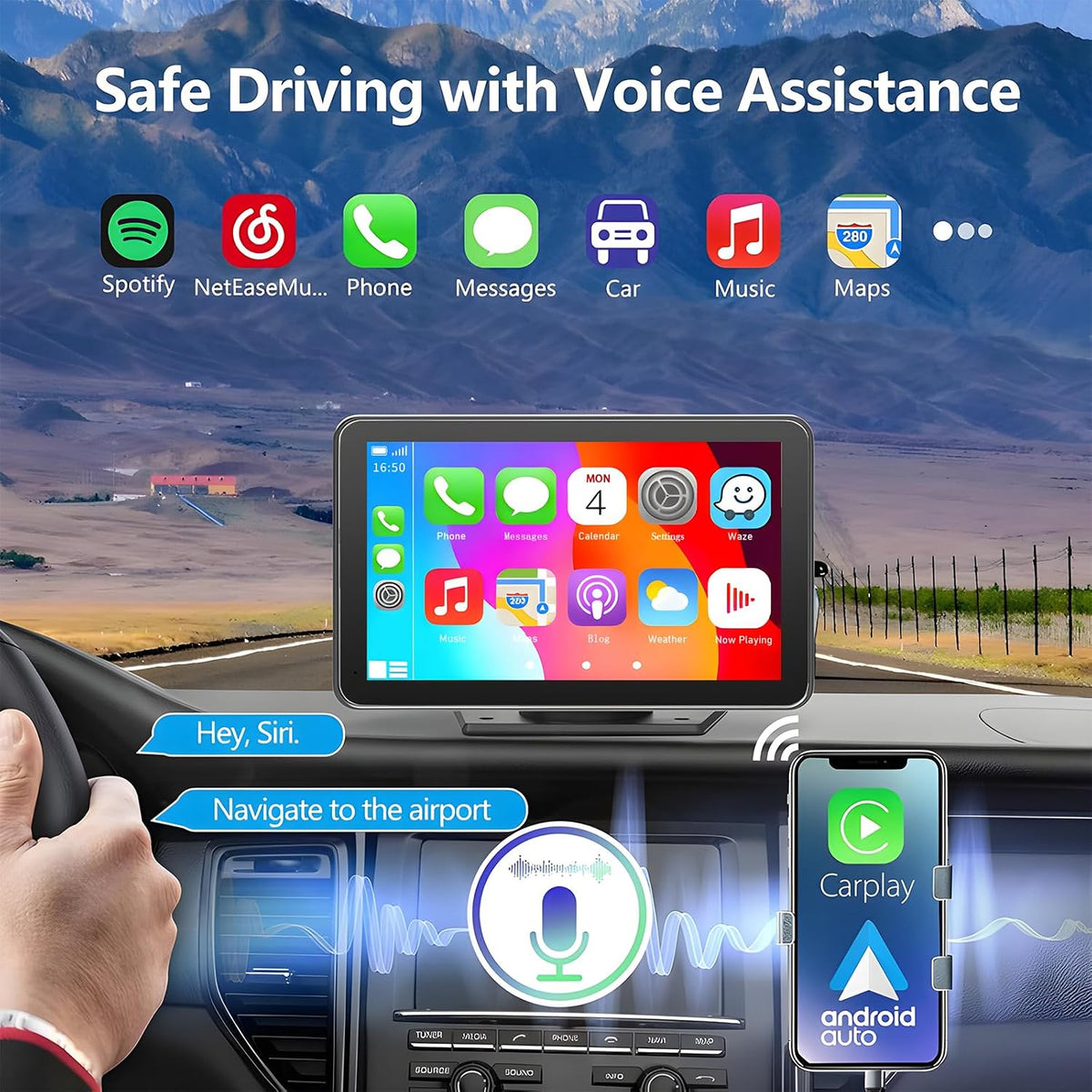 Carplay Screen for Car 7" with Wireless Apple CarPlay & Android Auto