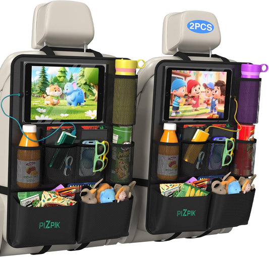 Plzpik Car Backseat Organizer with Tablet Holder,11 Storage Pockets with Foldable Food Tray, Protector Kick Mats for Kids, Travel Accessories Organizer (Black, 2-Pack)