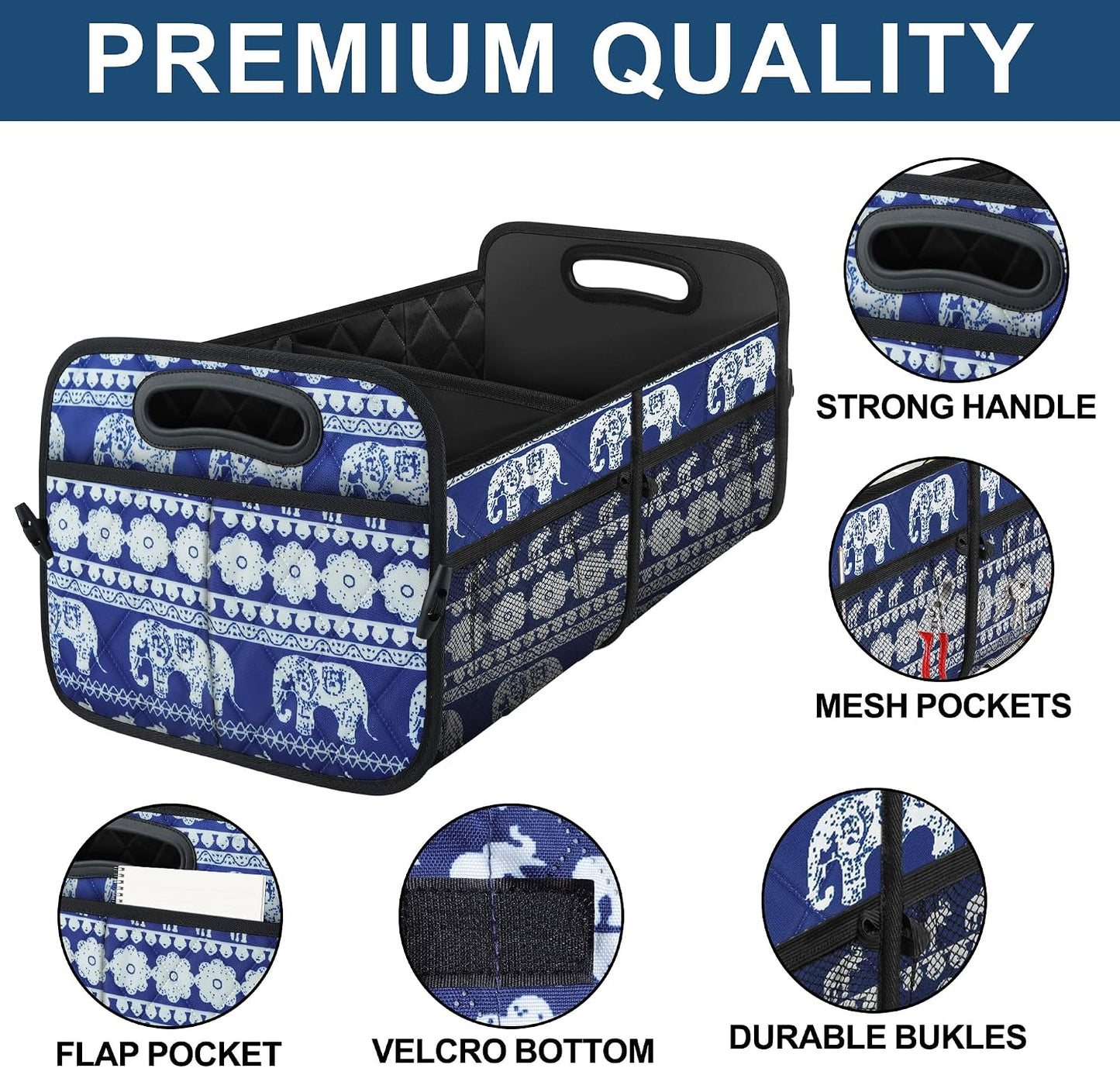 Deosk Collapsible Car Organizer with 6 Pockets, 50L Multi-Compartment Trunk Organizer, Accessories for Women/Men - Blue Elephant