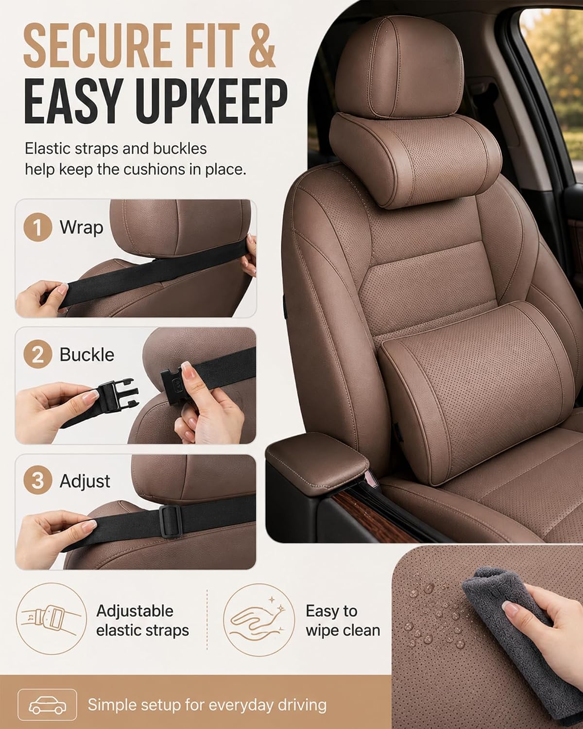 Ergonomic Headrest and Lumbar Support Set for Car Seats, Breathable Perforated Leather Car Pillows, Luxurious Memory Foam Neck Pillow for All Cars, Eases Neck Fatigue for Long Driving(Amber)
